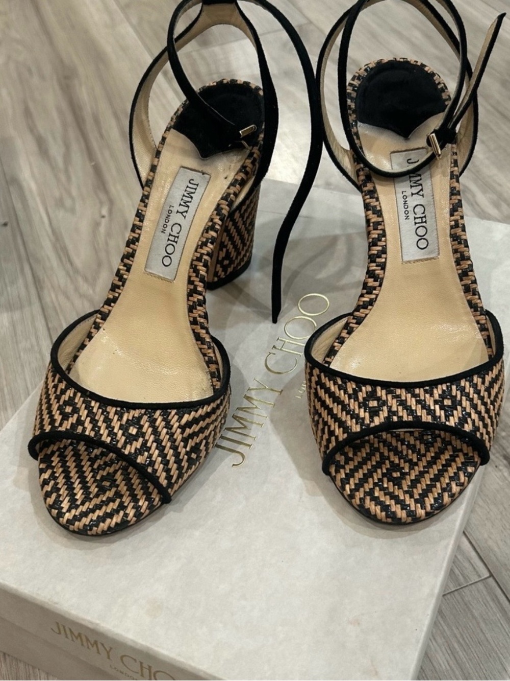 Final Sale Jimmy Choo Black and Tan Woven Block Heel Sandals